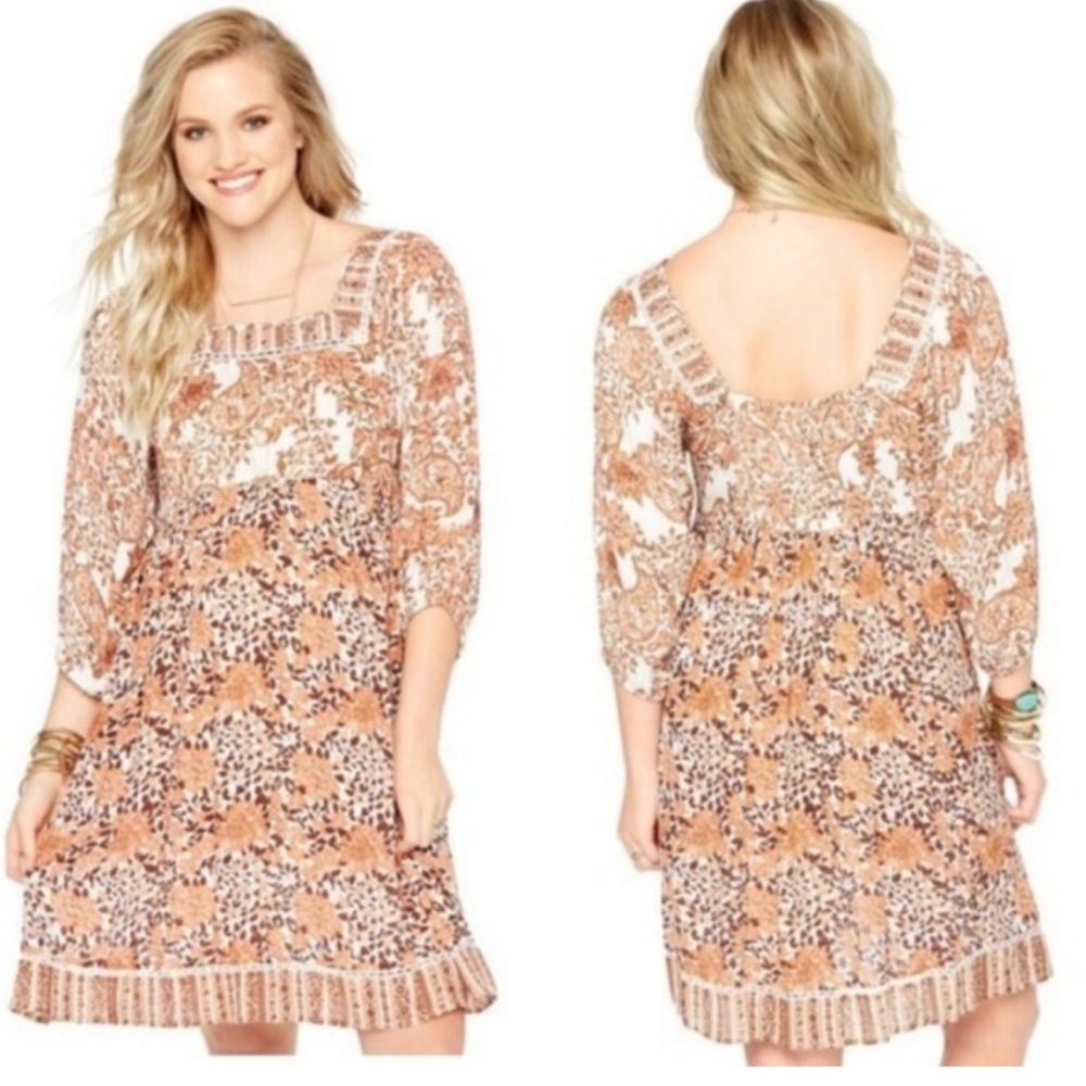 Orange Rust Floral Boho Peasant Flowy‎ Dress large